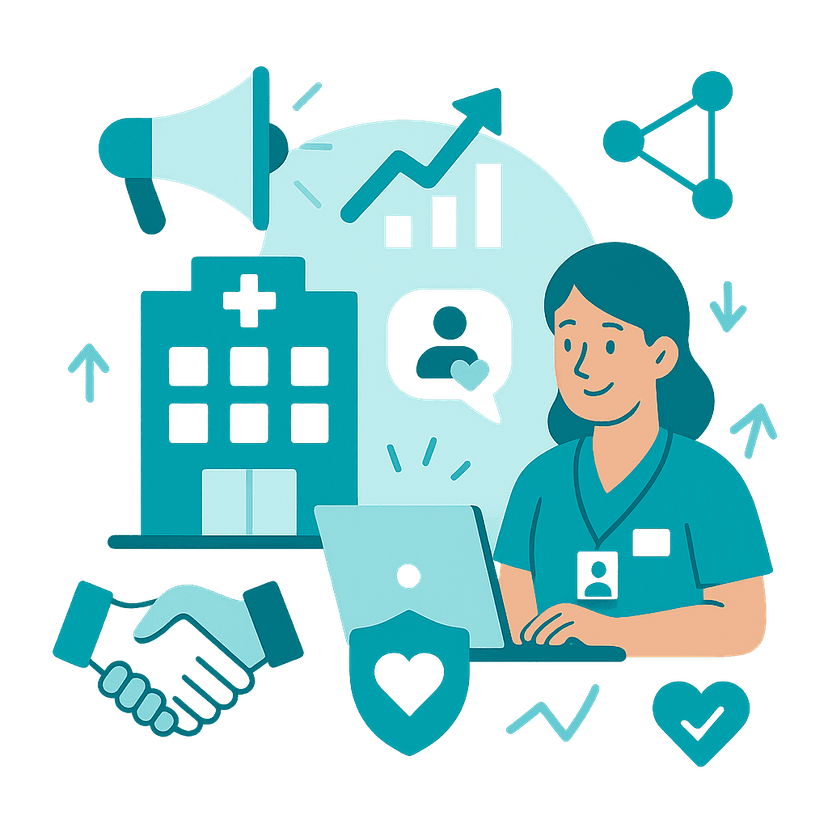 Healthcare professional using digital marketing tools with analytics, patient engagement, and growth metrics