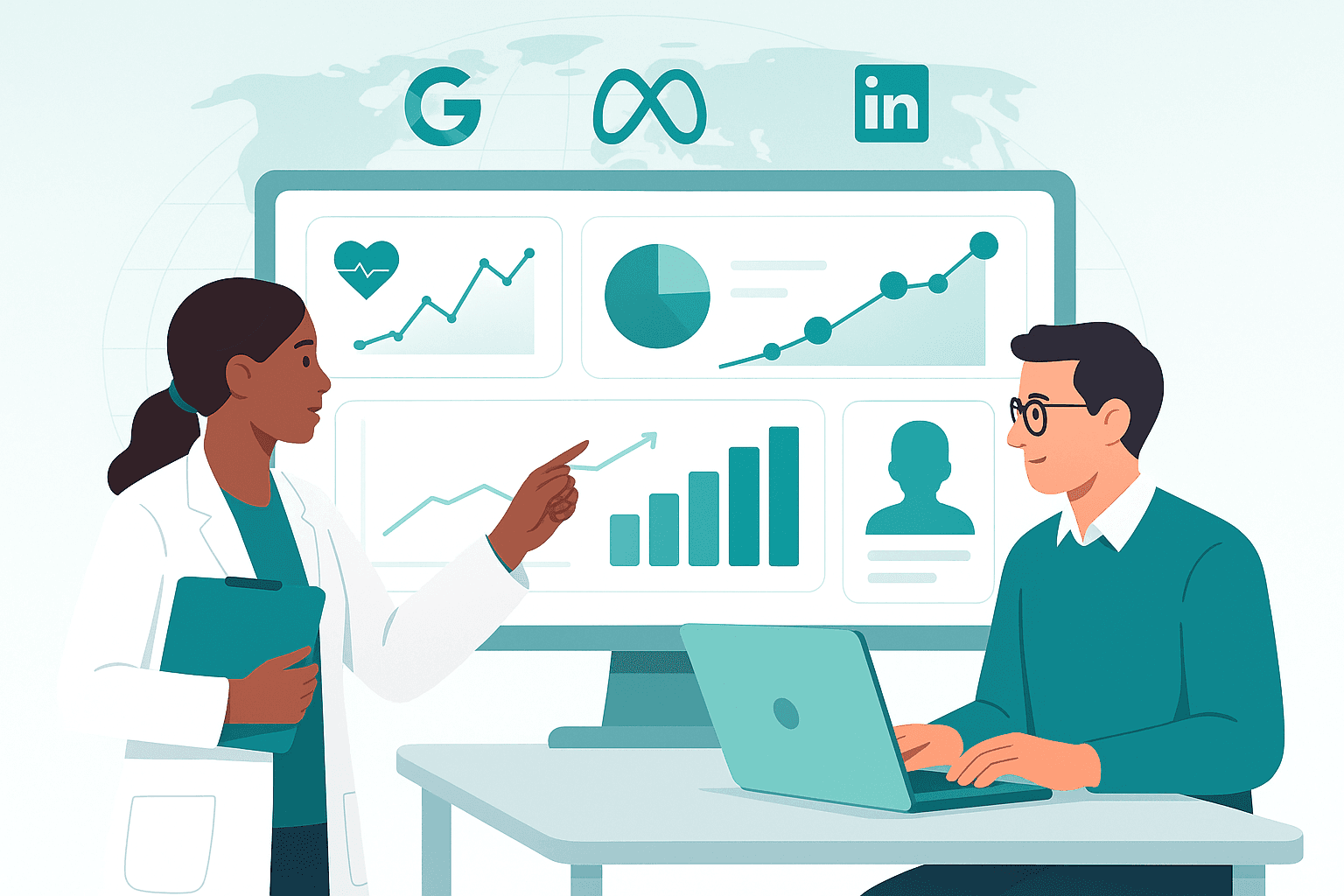 Healthcare professionals collaborating on digital marketing strategies